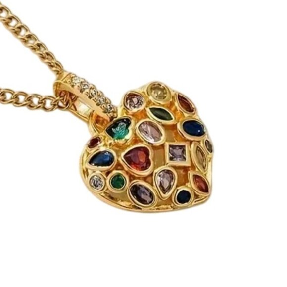 Gold-Tone 3D Heart Pendant Necklace Multi-Colored Crystals - Picture 1 of 2
